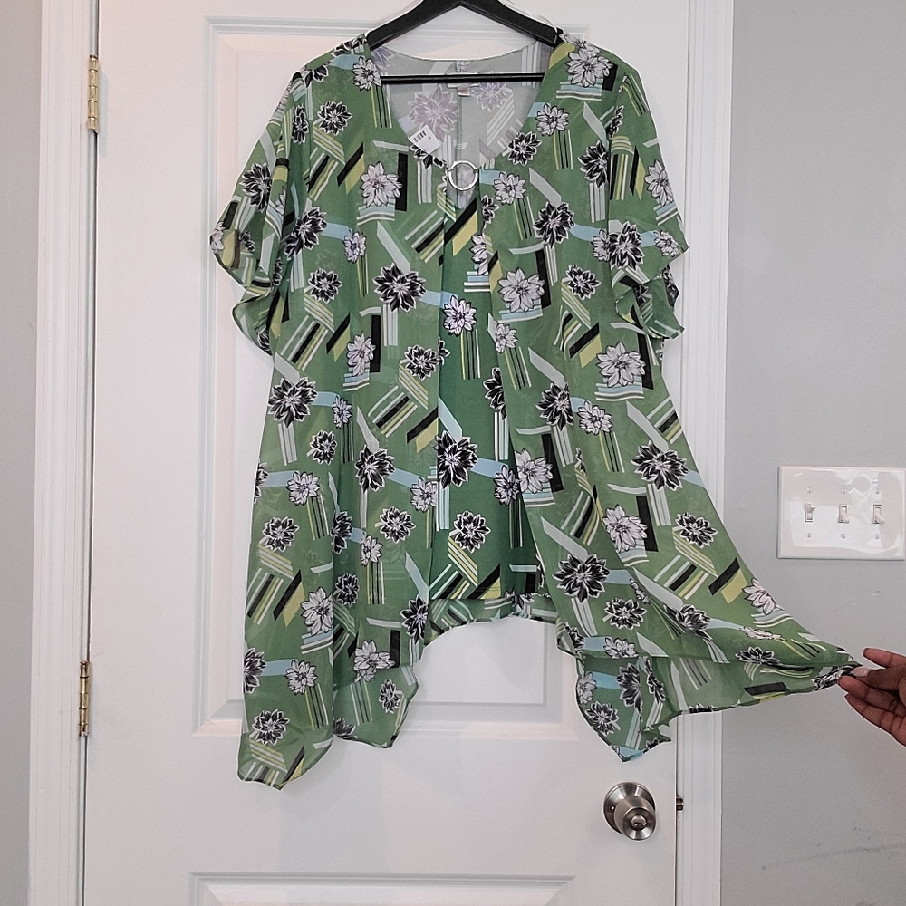 Avenue Green Print Blouse w/O-ring